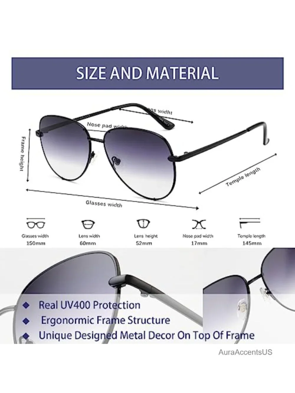 Oversized Aviator Sunglasses Gradient Lens UV400 Metal Frame